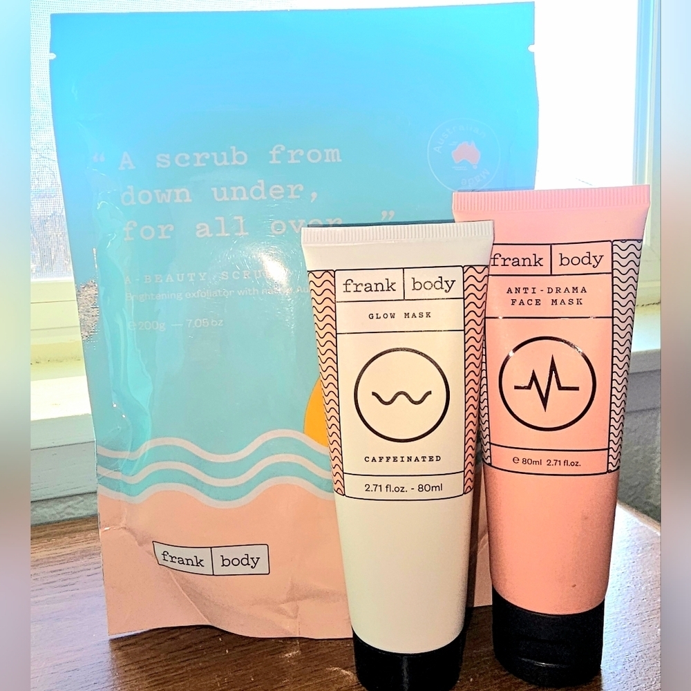 New Frank Body Anti-Drama Face Mask, Glow Mask & A-Beauty Coffee Scrub 3 Pc Set